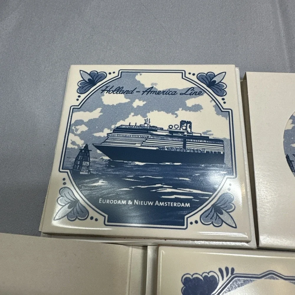 Lot of 8 Holland America Line Delft Blue Ceramic Tile Coasters Cork #4